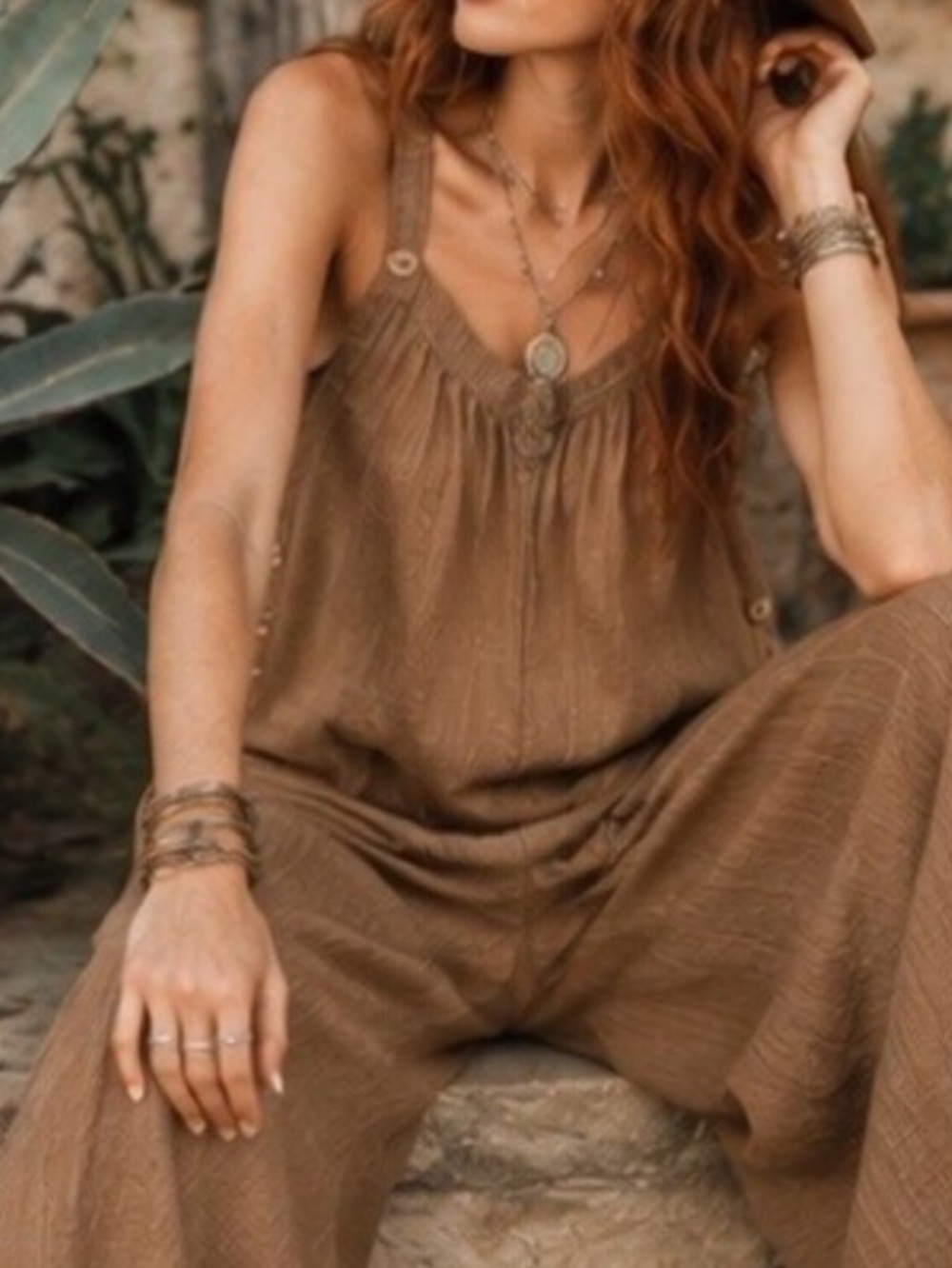 Very J Brown Boho Wide Leg Overall Jumpsuit Textured Hippie Cottagecore | Size S